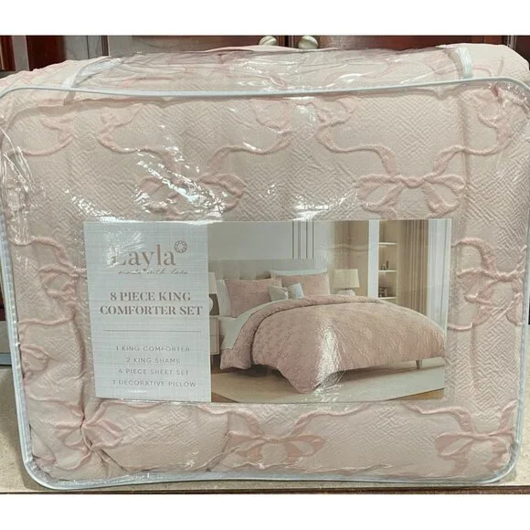 Layla Made With Love 8-Piece King Comforter Set Blush Pink Bow New - Picture 2 of 7